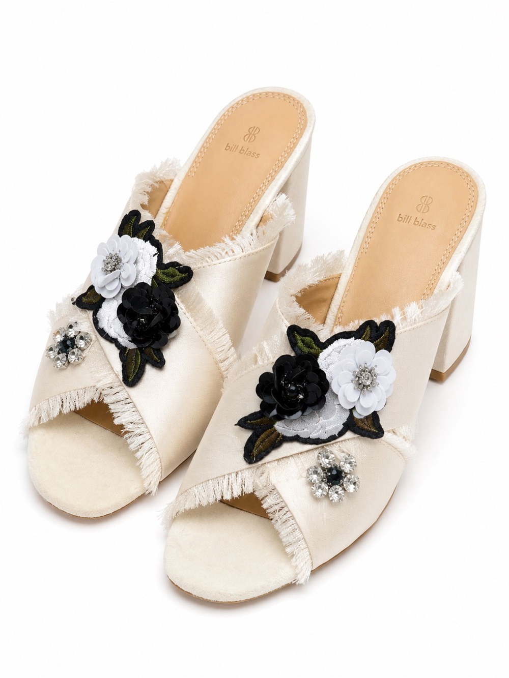 bill blass Cream Satin Floral Appliqué Block Heel Mules